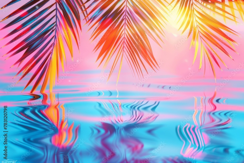 tropical island with palm trees, shiny reflections in the blue water. Surreal neon paradise