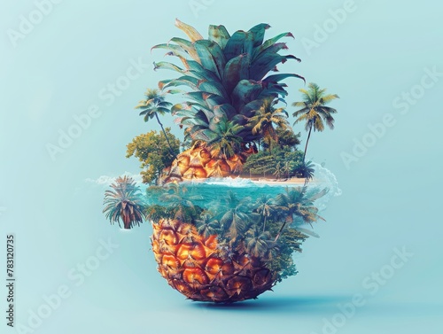 surreal summer composition, an ananas and palm trees on sandy beach, summer juxtaposition concept 