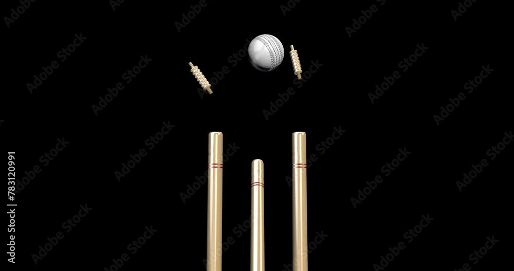 White Cricket Ball Bowled Stump Out Bails Impact 3D Animation in ALPHA Channel or Transparent Video White Cricket Ball Bowled Stump Out Bails Impact 3D Animation in ALPHA Channel or Transparent Video