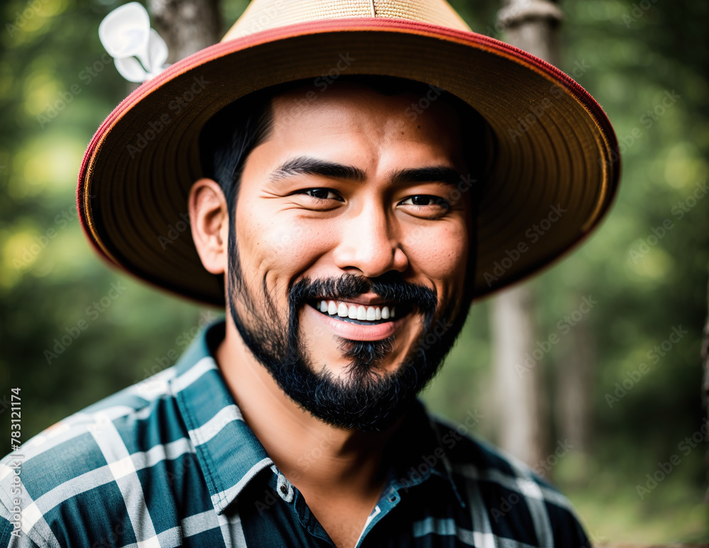A man wearing a straw hat and a plaid shirt standing in a forest. A man wearing a straw hat and a plaid shirt standing in a forest.