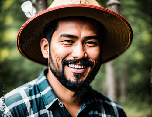 A man wearing a straw hat and a plaid shirt standing in a forest.