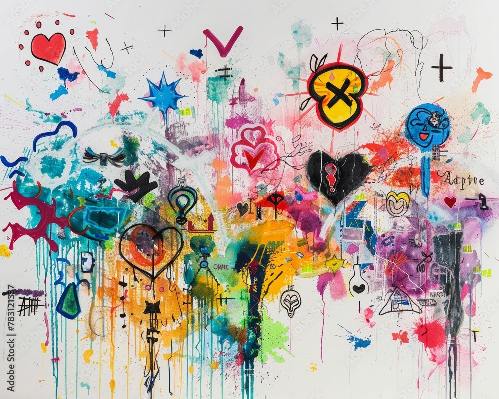 A graph on mental health, with symbols for anxiety and peace charting ups and downs, vividly painted against white A graph on mental health, with symbols for anxiety and peace charting ups and downs, vividly painted against white