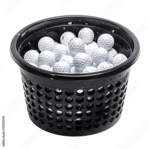Black Golf Ball Washer Filled with White Golf Balls, Highlighting the Concept of Golf Course Maintenance.