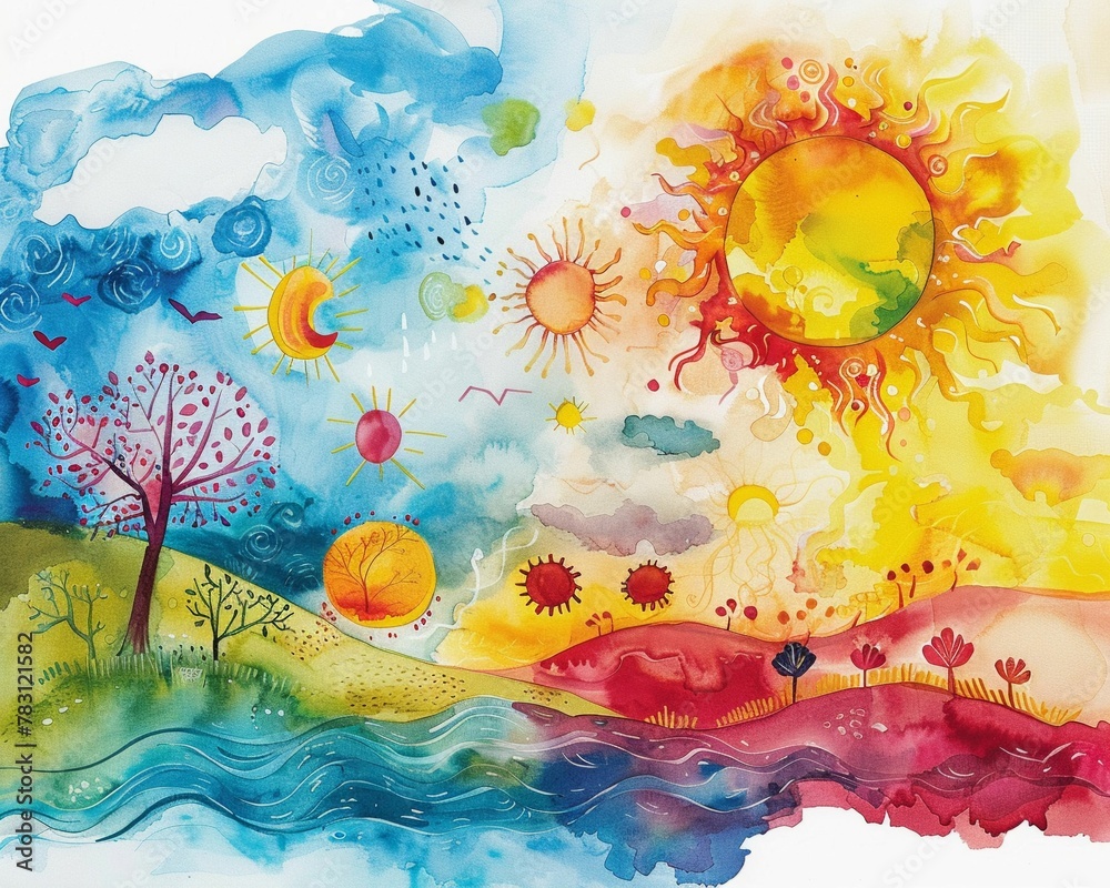 A weather graph, with symbols ranging from stormy clouds troubles to sunny skies joy, painted in bright watercolors - obrazy, fototapety, plakaty 