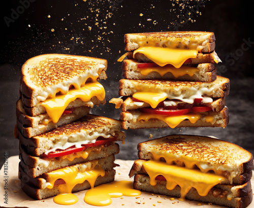 A stack of grilled cheese sandwiches with different toppings. photo