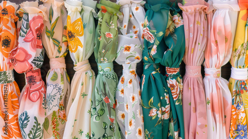 A row of colorful fabric ties with floral designs