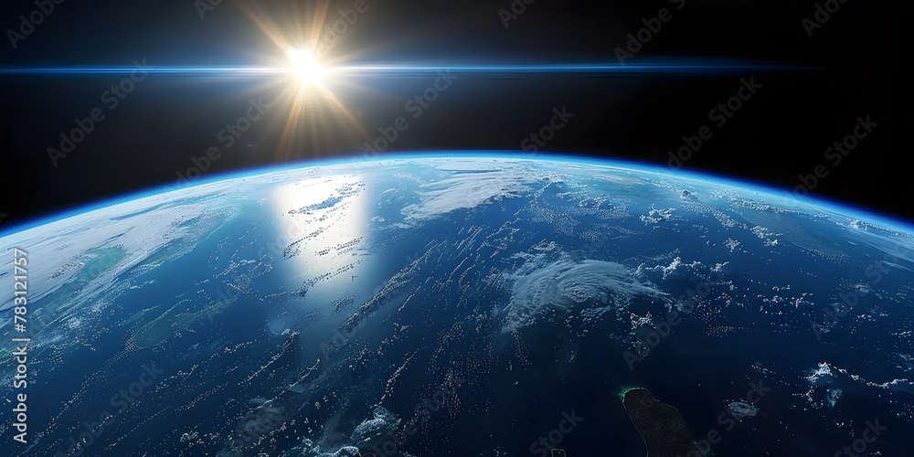 Fototapeta premium wide shot of the earth from space, blue horizon, black sky, bright sun in upper left corner, cinematic