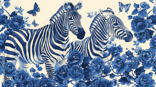 Two zebras are standing in a field of flowers photo