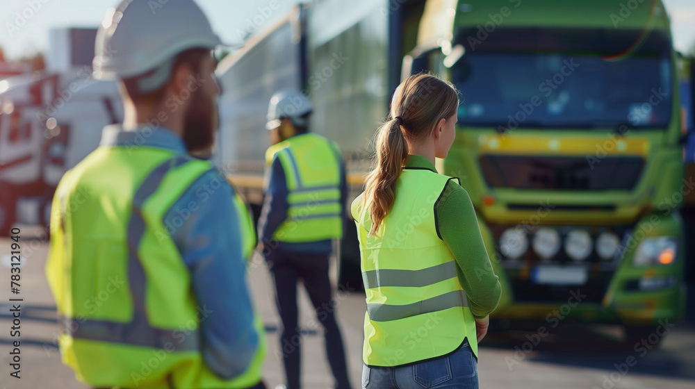 Fototapeta premium Construction workers in safety gear monitor a truck's movement on a job site, ensuring safe and efficient operations.