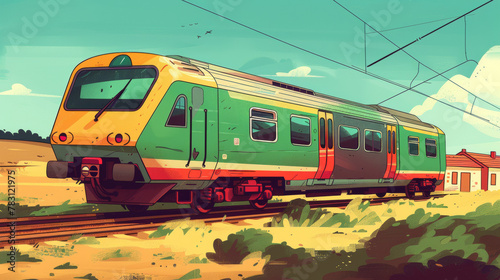A green and yellow train is on a track