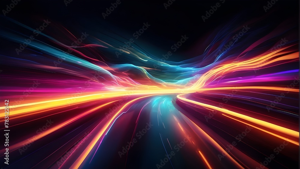 vibrant light trails with a moving picture feel. Illustration of a fast-moving light effect set against a dark background.