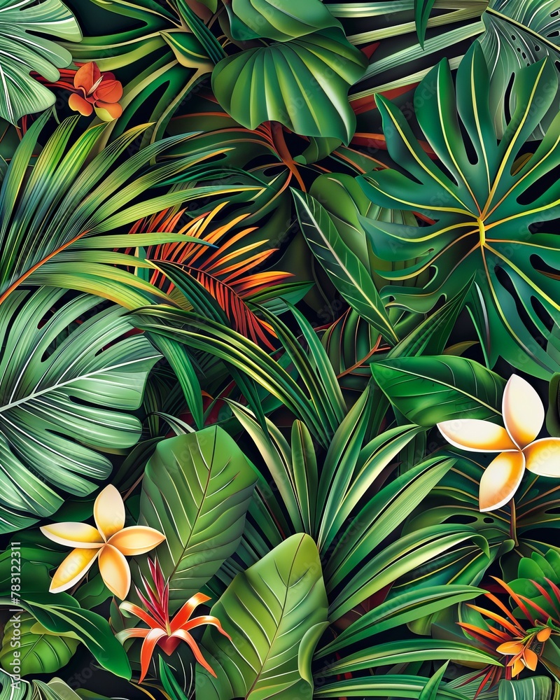 Botanical pattern featuring lush tropical leaves and flowers, abstract , background Botanical pattern featuring lush tropical leaves and flowers, abstract , background