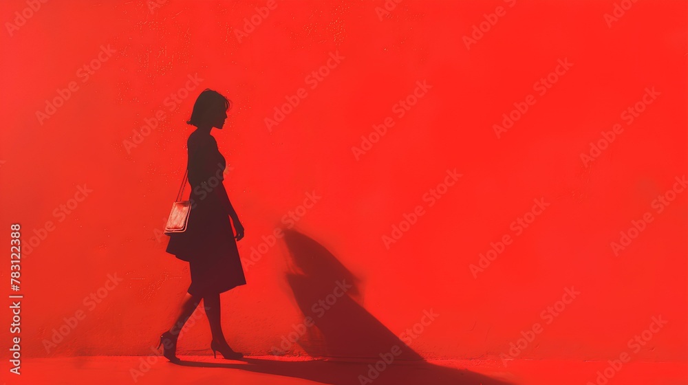 Red-dressed woman's silhouette shopping with black, artistic beauty