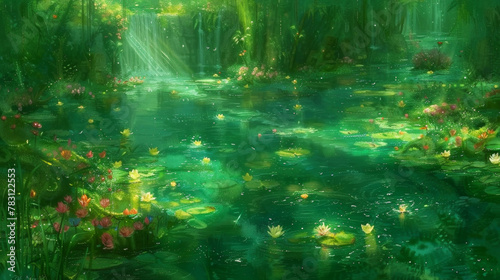 A painting of a lush green pond with many flowers and lily pads
