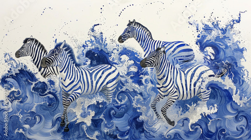 A painting of four zebras running through the ocean photo