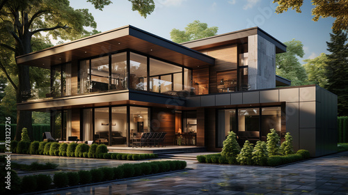 A Luxury Modern House With Big Windows Surronuded by Green Trees