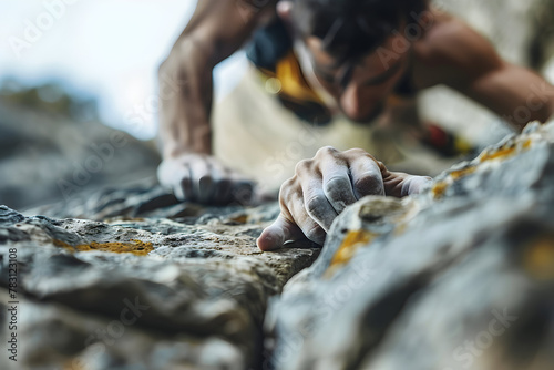 Close the hands of a climber on the mountain, soft focus photo