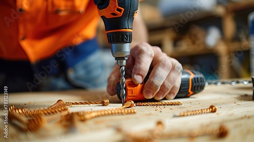 Close up asian man hand holding electric cordless screwdriver machine and screws lie for screwing a screw assembling furniture at home. iron screw. copy space for text. photo