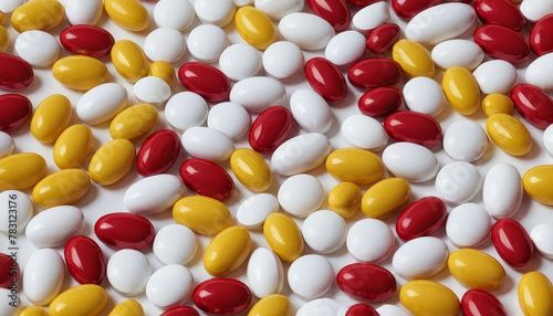 Close-Up of Various Colored Pills. Assorted pills in different colors arranged in a close-up shot.