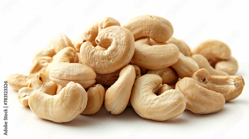 Roasted Cashew nuts in bowl isolated on white background with full depth of field. Top view with copy space for your text. Isolated roasted cashew nuts. Collection of roasted cashew nuts and halves. Roasted Cashew nuts in bowl isolated on white background with full depth of field. Top view with copy space for your text. Isolated roasted cashew nuts. Collection of roasted cashew nuts and halves.