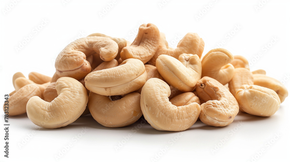 Roasted Cashew nuts in bowl isolated on white background with full depth of field. Top view with copy space for your text. Isolated roasted cashew nuts. Collection of roasted cashew nuts and halves. Roasted Cashew nuts in bowl isolated on white background with full depth of field. Top view with copy space for your text. Isolated roasted cashew nuts. Collection of roasted cashew nuts and halves.