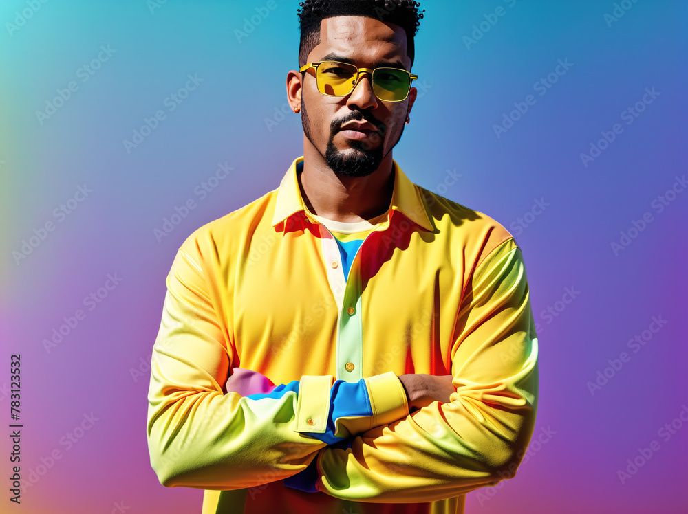 A man wearing a yellow shirt and sunglasses standing in front of a colorful background. A man wearing a yellow shirt and sunglasses standing in front of a colorful background.