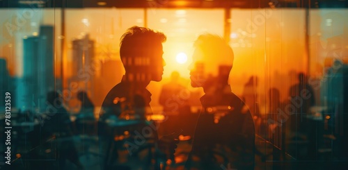 Double exposure. Silhouettes of business people in an office with large windows overlooking the metropolis.