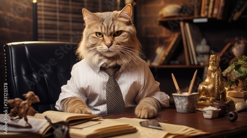 Cat in shirt and tie sitting at desk