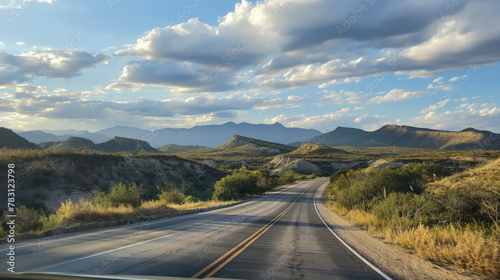 View of the mountain landscape from the car. Generative AI View of the mountain landscape from the car. Generative AI