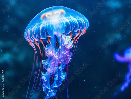 Glowing Jellyfish Floating in Deep Blue Water, Translucent Body with Vibrant Blue and Purple Hues, Ethereal Trailing Tentacles, Enchanting Underwater Scene
