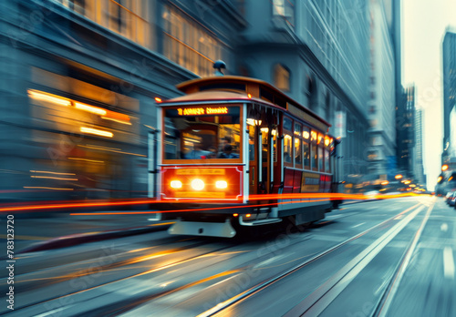 Red Trolley Car Driving Down City Street Motion Blur Transportation Tram Cable Car