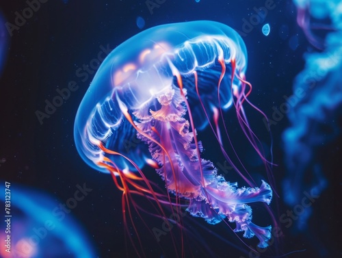 Bioluminescent Jellyfish Glowing in Vibrant Colors Drifting in Deep Blue Ocean Waters - Surreal Underwater Scene