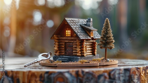 Cozy Miniature Log Cabin and Keys on Rustic Wooden Table Symbolizing Secure Home Ownership in New Mountain Lodge Ambiance