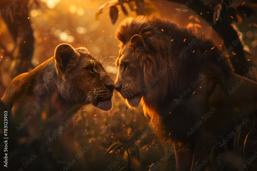 Two lions are standing next to each other in a forest. The sun is shining on them, creating a warm and peaceful atmosphere. Generative AI - obrazy, fototapety, plakaty 