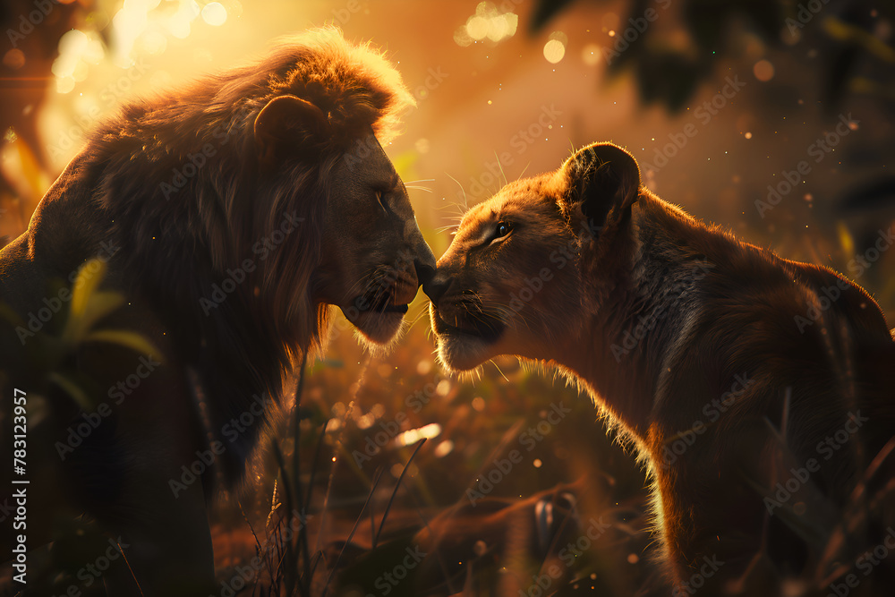 Two lions are standing next to each other in a forest. The sun is shining on them, creating a warm and peaceful atmosphere. Generative AI - obrazy, fototapety, plakaty 