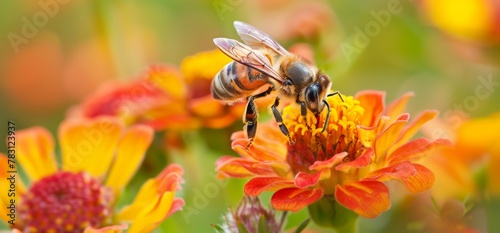 Close up of a honeybee pollinator on an orange flower © Gromik