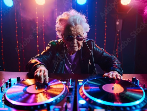 Vibrant Elderly Female DJ Spinning Vinyl Records at Lively Club Party, Defying Age Stereotypes with Musical Passion and Energy