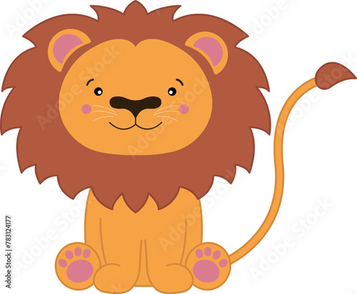 cute cartoon vector lion isolated on transparent background. funny lion cub sitting with long tail  for children. orange lion png clip art character