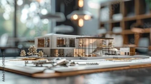 Architectural Design Model of Contemporary Glass House in Stylish Office Setting Representing Investment and Real Estate Innovations