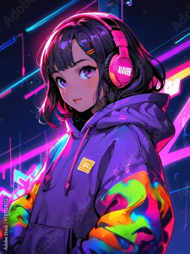 Nightclub beauty: A glamorous woman with pink and purple makeup, captivating eyes, and stylish hair in a city night scene, exuding sensuality and allure amidst the music and lights