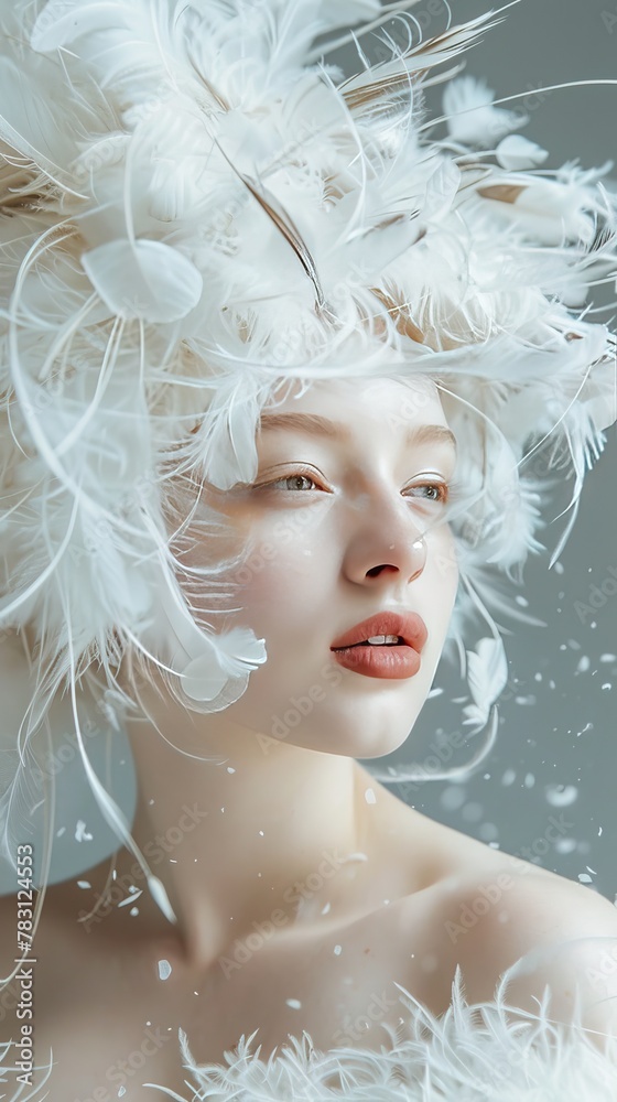whimsical studio portrait airy white feathers in hair frosty lip shade whimsical studio portrait airy white feathers in hair frosty lip shade