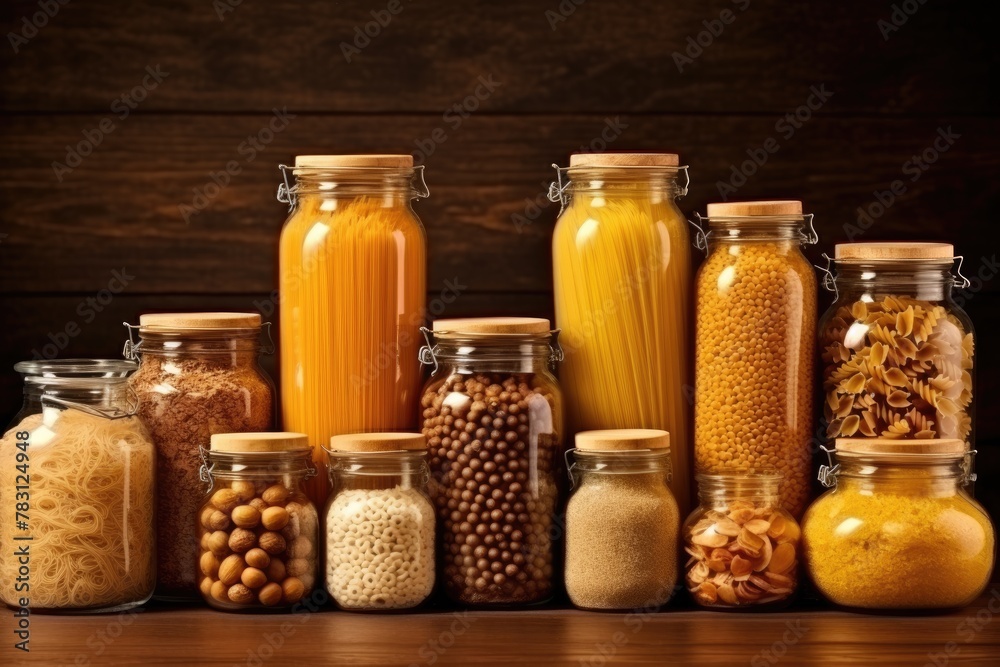 Varieties of dry pasta stored in glass jars on a wooden kitchen shelf, a rustic aesthetic. Assorted Dry Pasta in Glass Jars Varieties of dry pasta stored in glass jars on a wooden kitchen shelf, a rustic aesthetic. Assorted Dry Pasta in Glass Jars