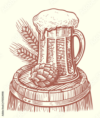 Glass mug of beer on wooden barrel. Brewery, pub sketch. Hand drawn vintage vector illustration