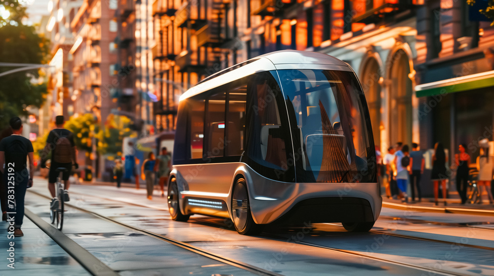 Obraz premium Futuristic autonomous bus gliding through city lights. Urban mobility reimagined.