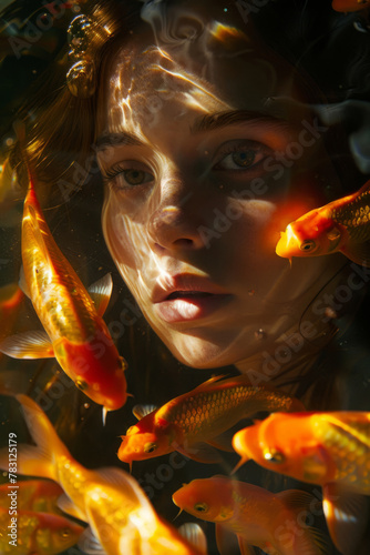Girl surrounded by gold fishes