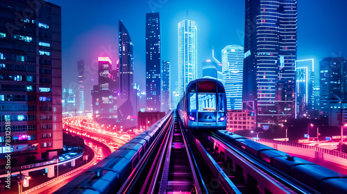 Futuristic cityscape with a sleek monorail train gliding on elevated tracks amid illuminated skyscrapers under a night sky. photo