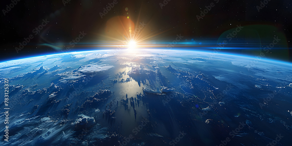 wide shot of the earth from space, blue horizon, black sky, bright sun in upper left corner, cinematic wide shot of the earth from space, blue horizon, black sky, bright sun in upper left corner, cinematic