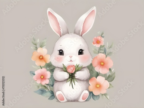 watercolor cute bunny hold flower. 