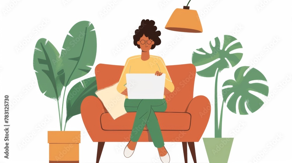Woman Sitting on Couch Using Laptop