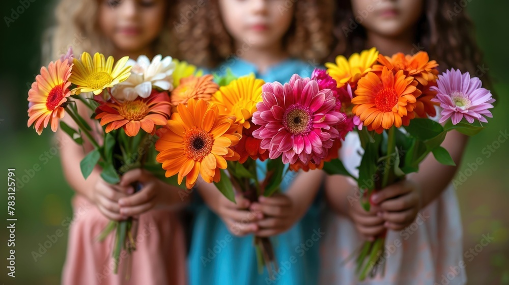 Vibrant Flower Bouquets Held by Children for Their Mom s Special Day Vibrant Flower Bouquets Held by Children for Their Mom s Special Day